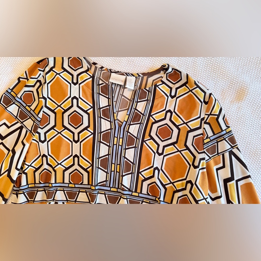 CHICO’S Yellow Gold White & Brown Geometric Blouse Tunic Top - Picture 9 of 16